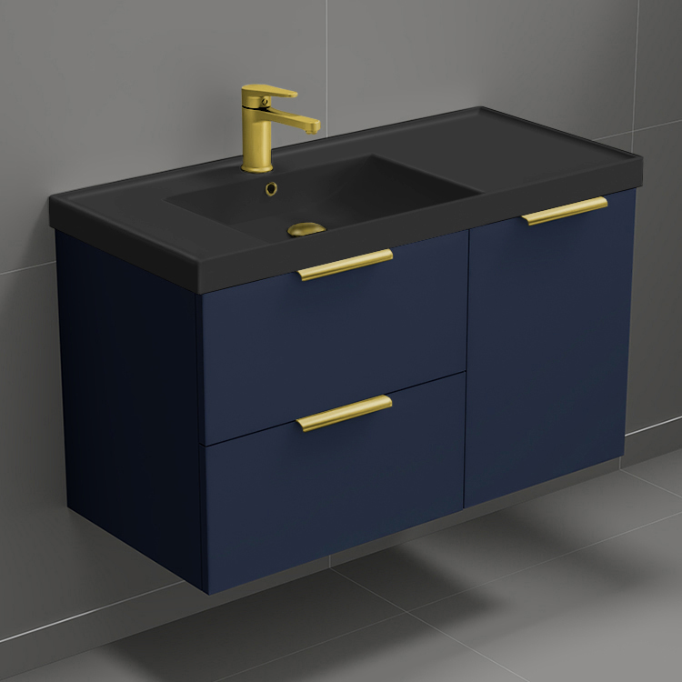 Bathroom Vanity Wall Mounted Bathroom Vanity, Modern, Blue, 36 Inch, Gold Handles Nameeks LISBON29